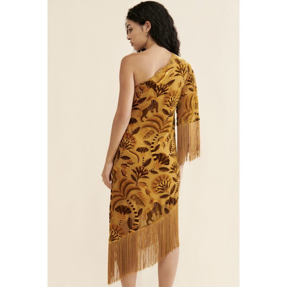 Farm Rio One-Shoulder Golden Velvet Fringe Dress - Picture 2 of 7